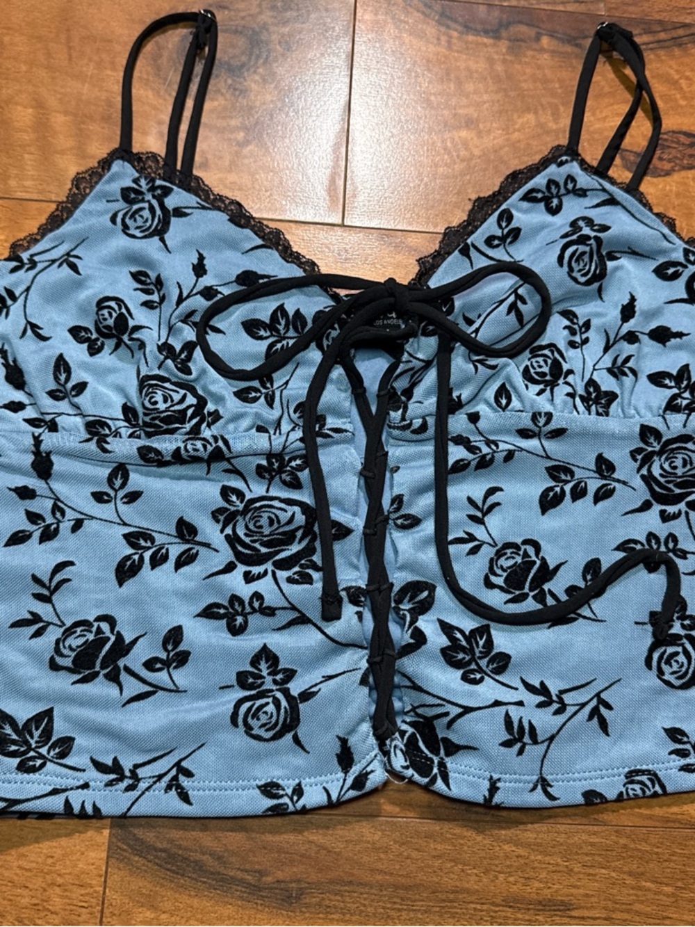 Blue Floral Lace-Trim Crop Top with Tie Front